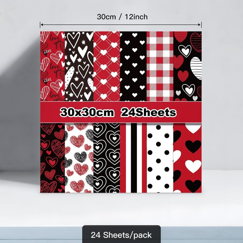 WLXTREE Valentine’s Day Scrapbook Paper 12 x 12 Double Sided Printing Red Black Heart Love Patterned Craft Paper for Card Making Photo Album Wedding Anniversary Party Decorative 24 Sheets - Image 2